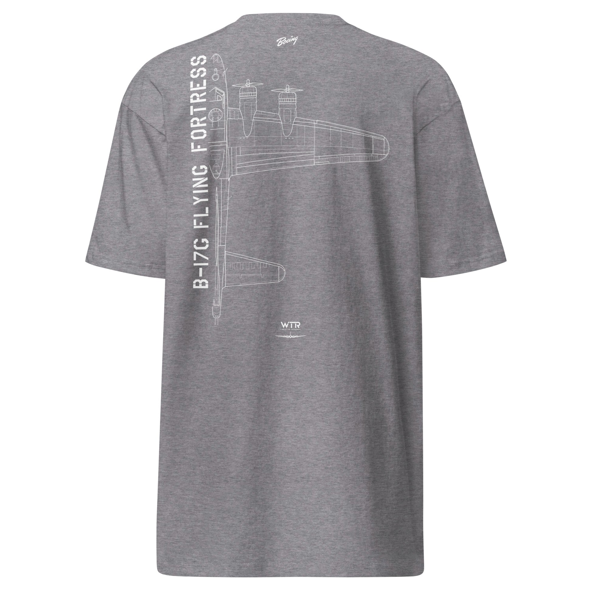 Hand-drawn technical schematic of the Boeing B-17G Flying Fortress WWII heavy bomber on a premium t-shirt.