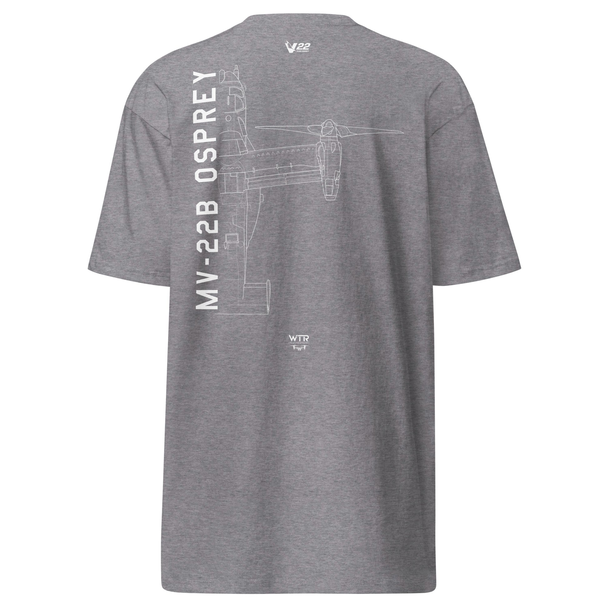 Hand-drawn technical schematic of the Bell Boeing MV-22 Osprey tiltrotor VTOL aircraft on a premium t-shirt.