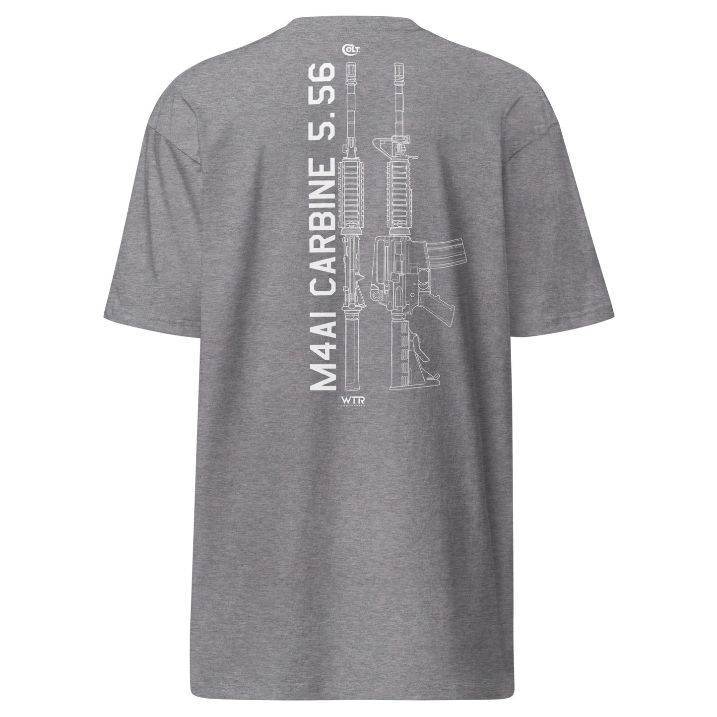 Hand-drawn technical schematic of the Colt M4A1 US Infantry battle rifle printed on a premium t-shirt.