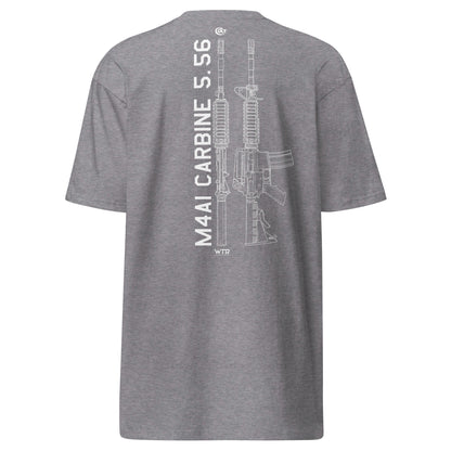 Hand-drawn technical schematic of the Colt M4A1 US Infantry battle rifle printed on a premium t-shirt.