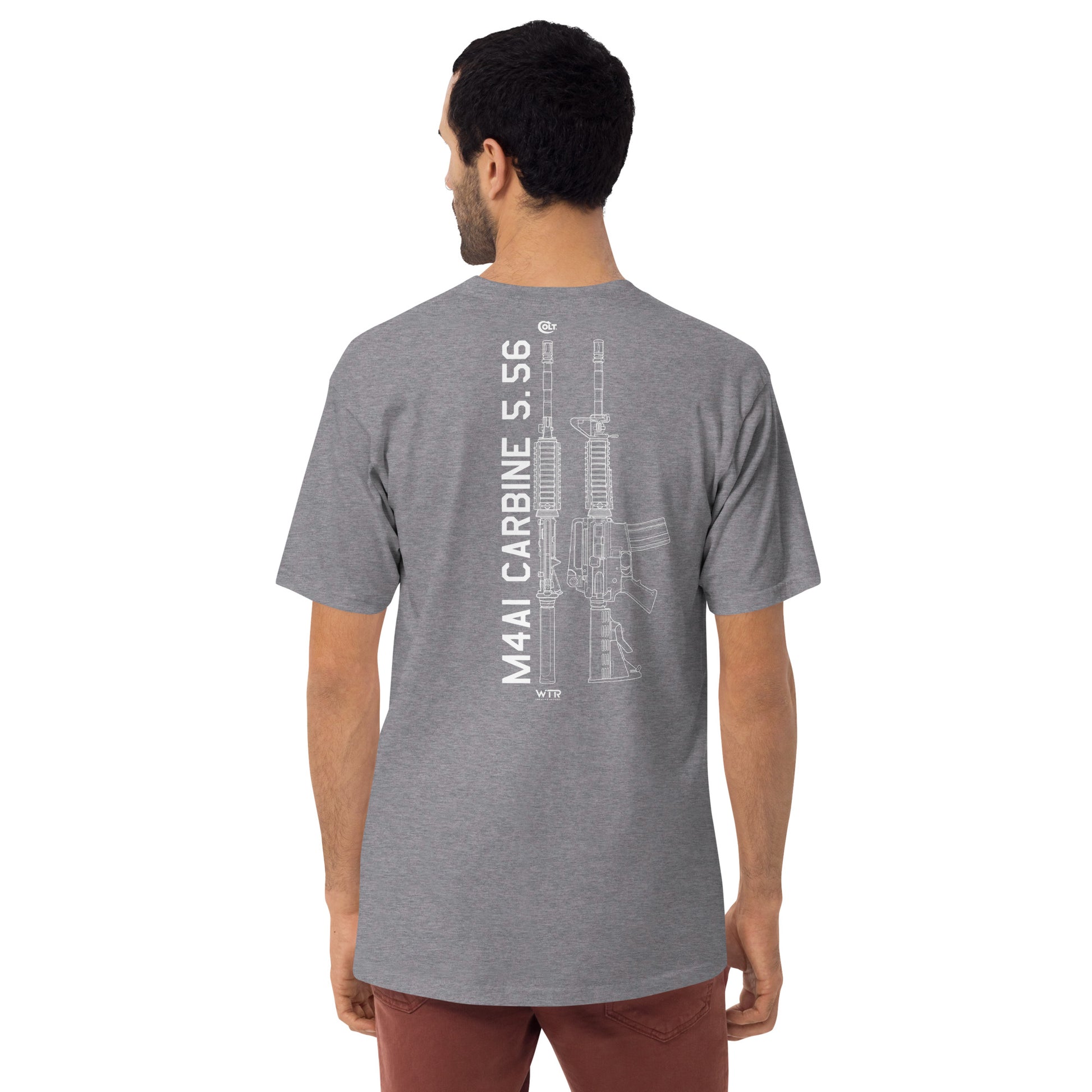 Hand-drawn technical schematic of the Colt M4A1 US Infantry battle rifle printed on a premium t-shirt.