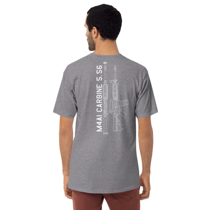 Hand-drawn technical schematic of the Colt M4A1 US Infantry battle rifle printed on a premium t-shirt.