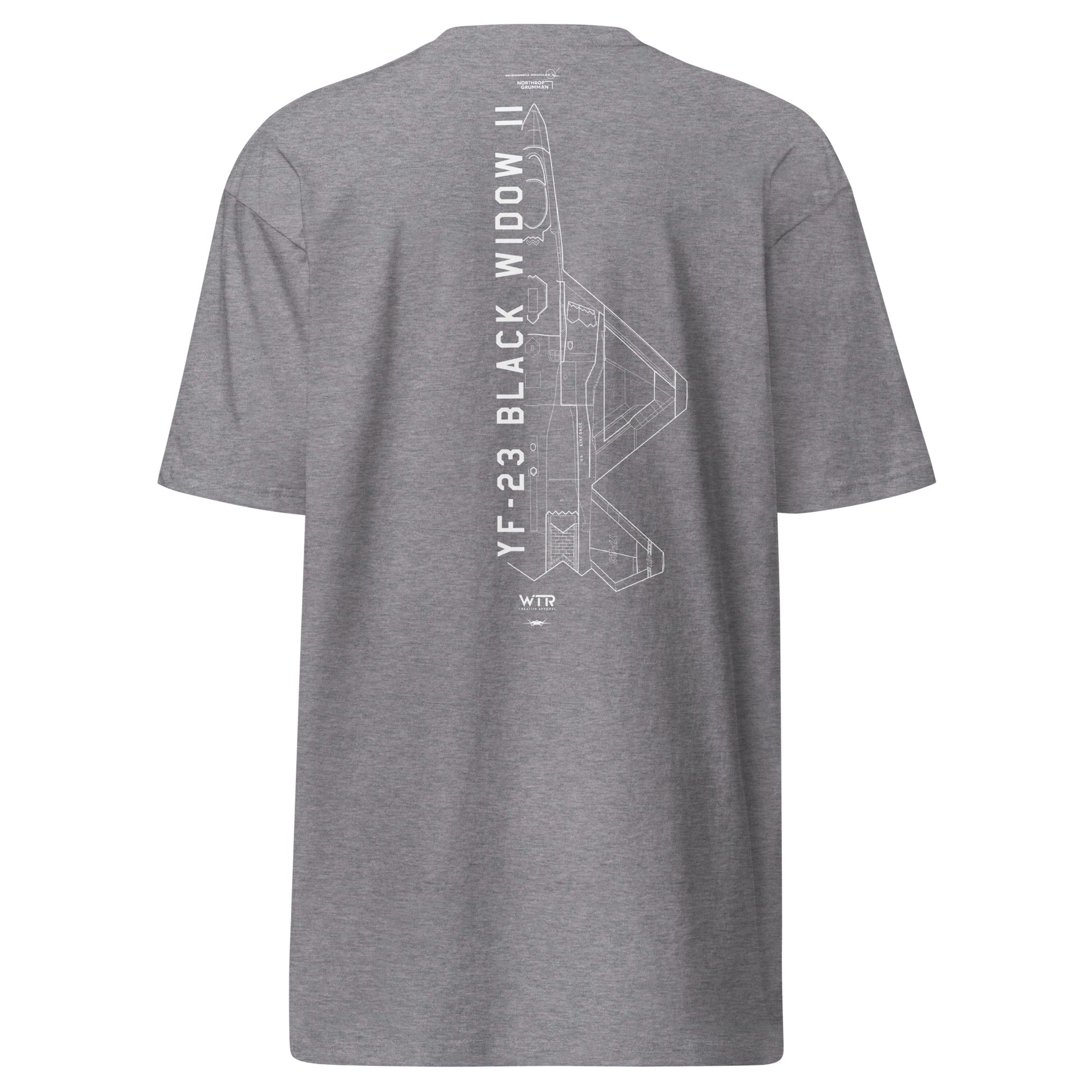 Hand-drawn schematic of the Northrop YF-23 Black Widow II stealth prototype fighter printed on a premium t-shirt.
