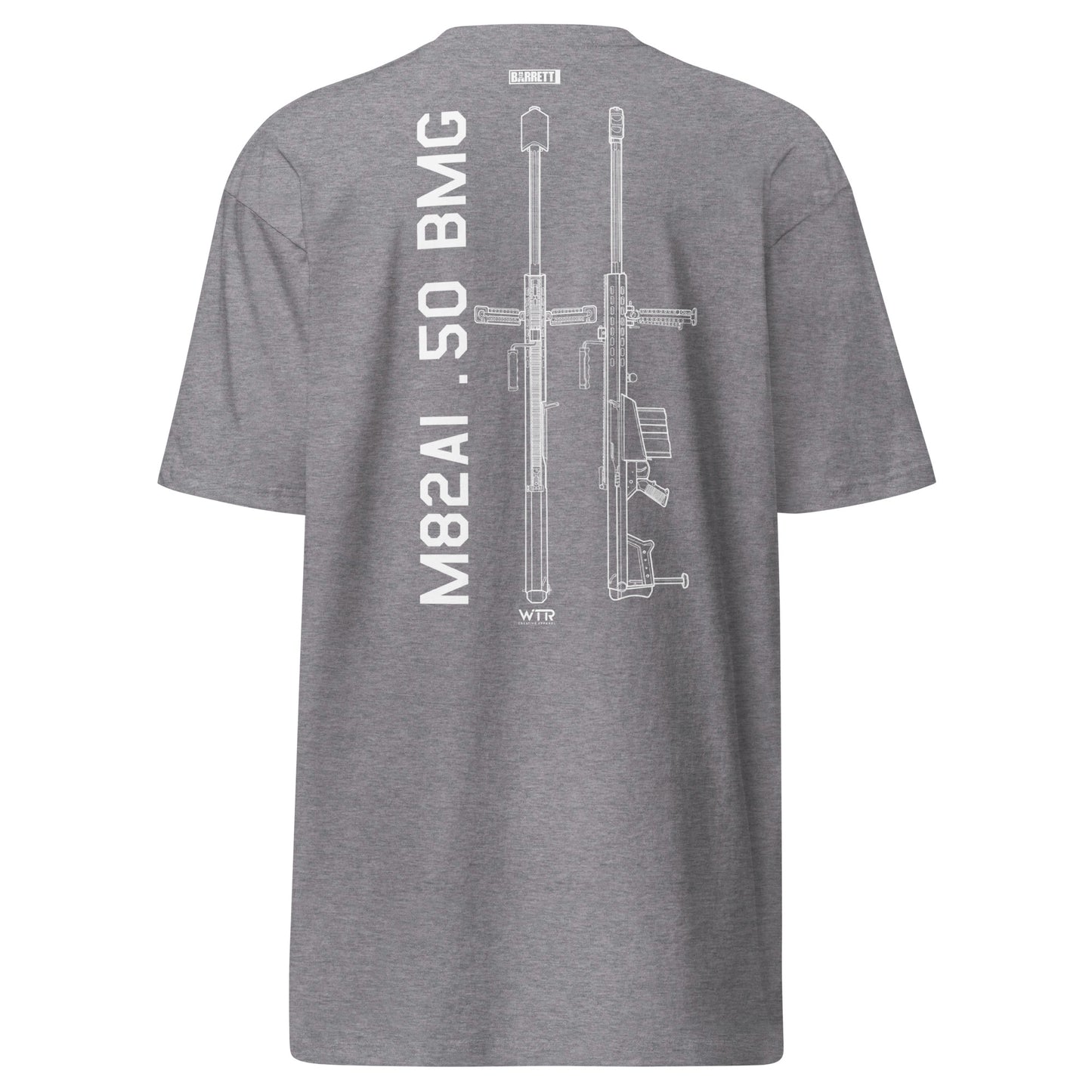 BARRETT M82A1 .50 BMG - ANTI‑MATERIEL RIFLE — hand-drawn schematic artwork printed on HEAVYWEIGHT T‑SHIRT.
