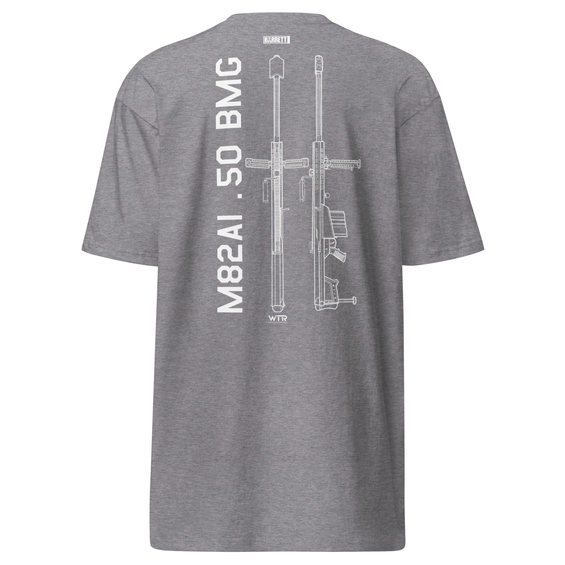 Hand-drawn technical schematic of the Barrett M82A1 .50 BMG anti-materiel rifle printed on a premium t-shirt.
