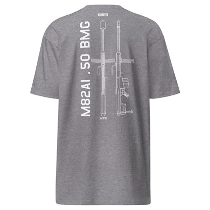 BARRETT M82A1 .50 BMG - ANTI‑MATERIEL RIFLE — hand-drawn schematic artwork printed on HEAVYWEIGHT T‑SHIRT.