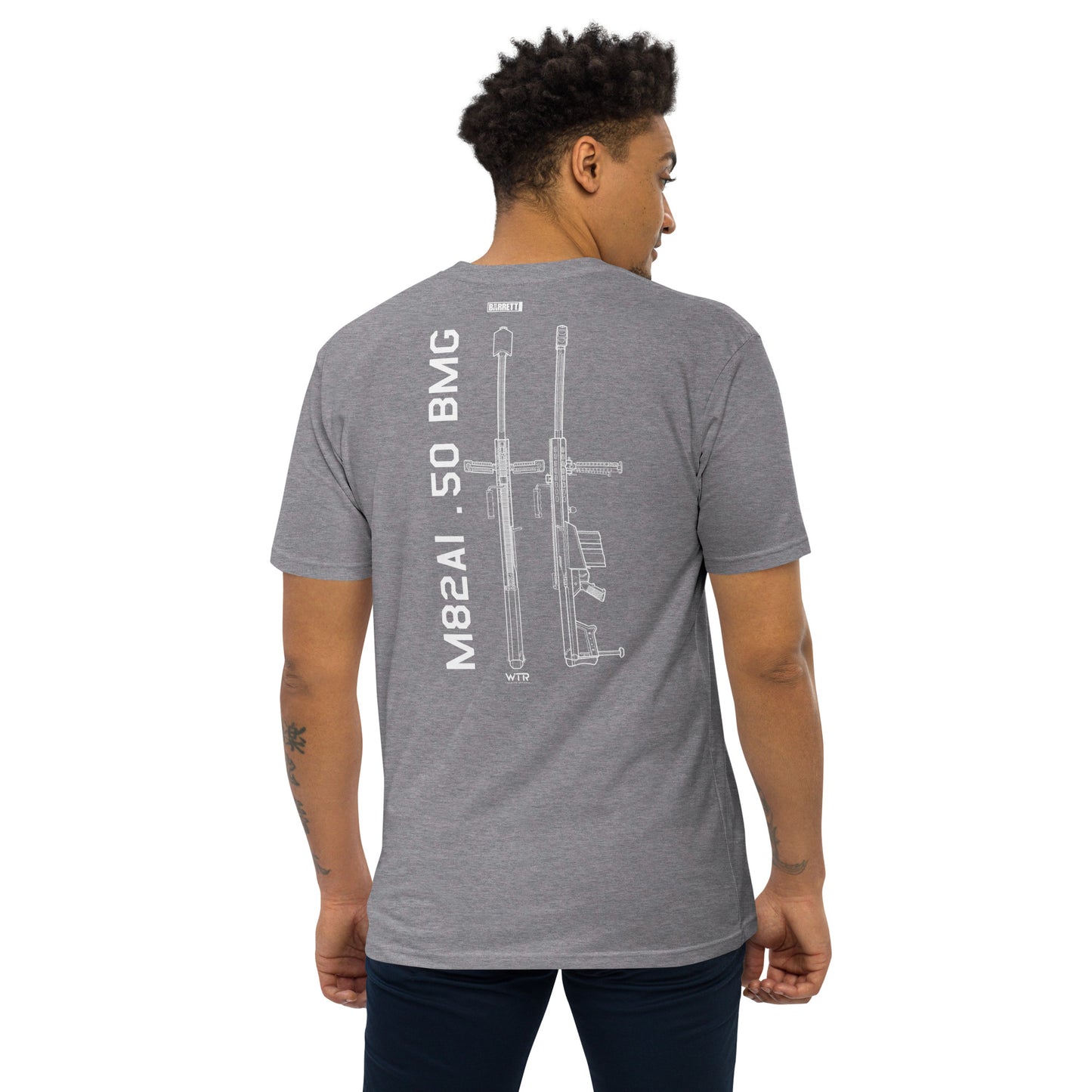 BARRETT M82A1 .50 BMG - ANTI‑MATERIEL RIFLE — hand-drawn schematic artwork printed on HEAVYWEIGHT T‑SHIRT.