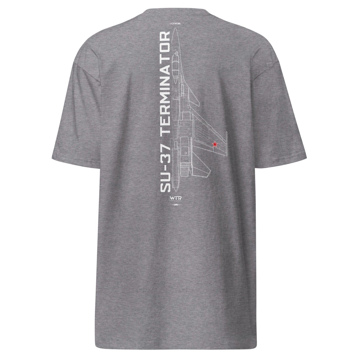 SUKHOI SU-37 TERMINATOR FIGHTER — hand-drawn schematic artwork printed on heavyweight T-shirt.