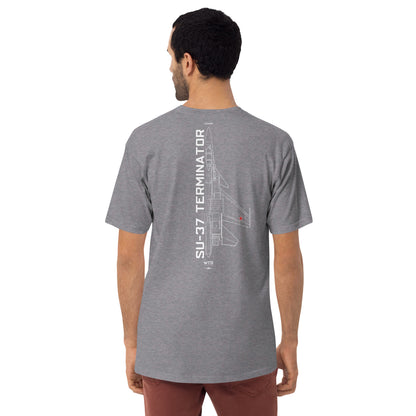 SUKHOI SU-37 TERMINATOR FIGHTER — hand-drawn schematic artwork printed on heavyweight T-shirt.