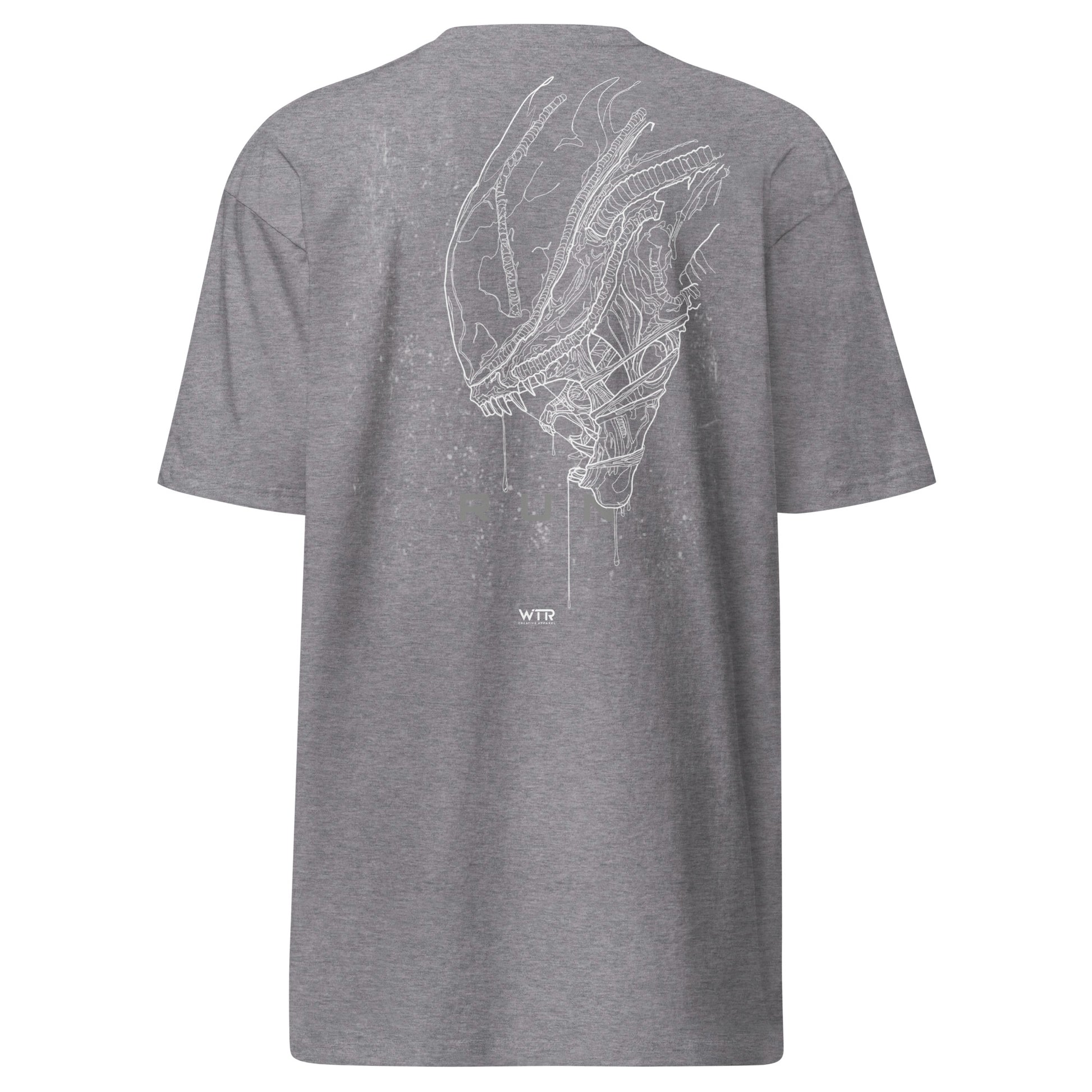Hand-drawn side profile of an Alien Xenomorph in a technical "Run" sci-fi art style printed on a premium t-shirt.