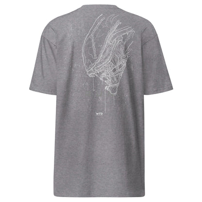 Hand-drawn schematic of the ALIEN XENOMORPH printed on a heavyweight T-shirt.