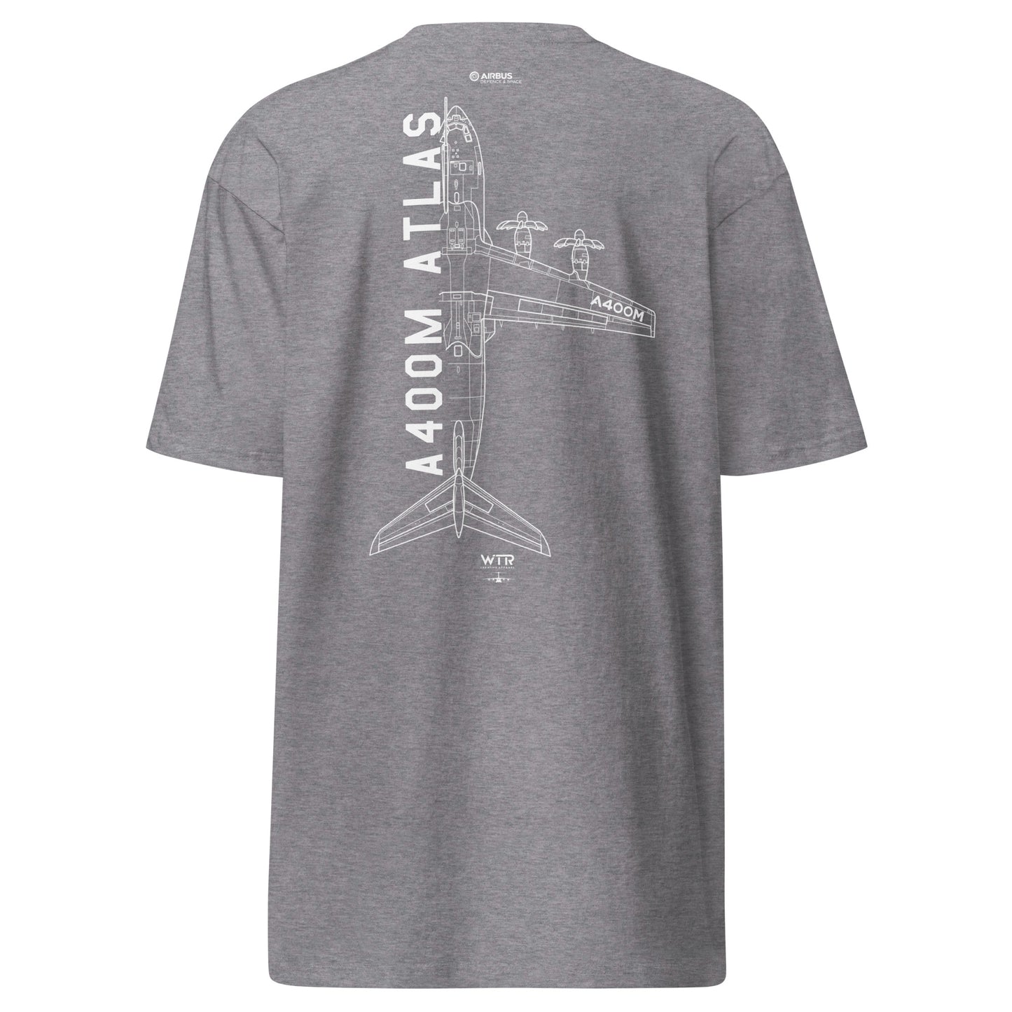 Hand-drawn schematic of the AIRBUS A400M ATLAS printed on a heavyweight T-shirt.