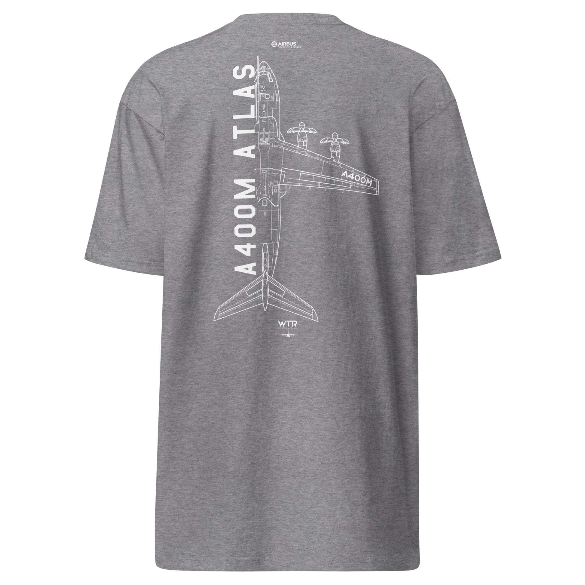 Hand-drawn technical schematic of the Airbus A400M Atlas military transport aircraft printed on a premium t-shirt.