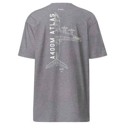 Hand-drawn schematic of the AIRBUS A400M ATLAS printed on a heavyweight T-shirt.