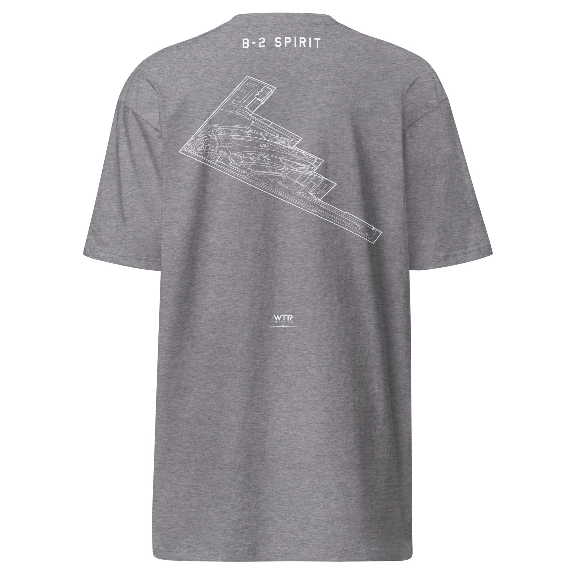 Hand-drawn technical profile of the Northrop Grumman B-2 Spirit stealth bomber special edition on a premium t-shirt.