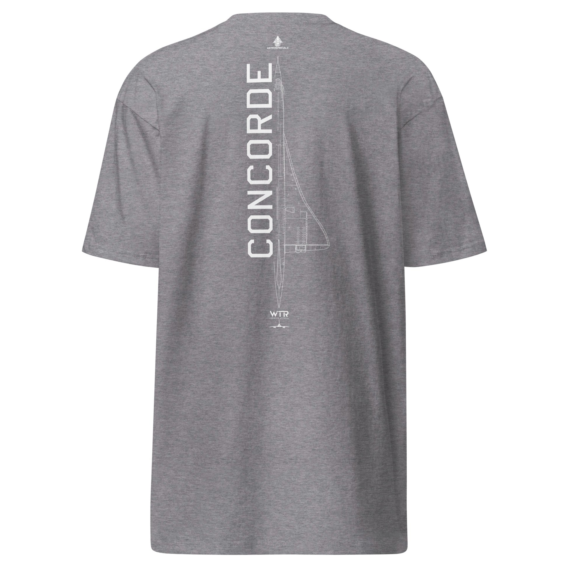 Hand-drawn technical schematic of the Aérospatiale / BAC Concorde supersonic airliner on a premium t-shirt.