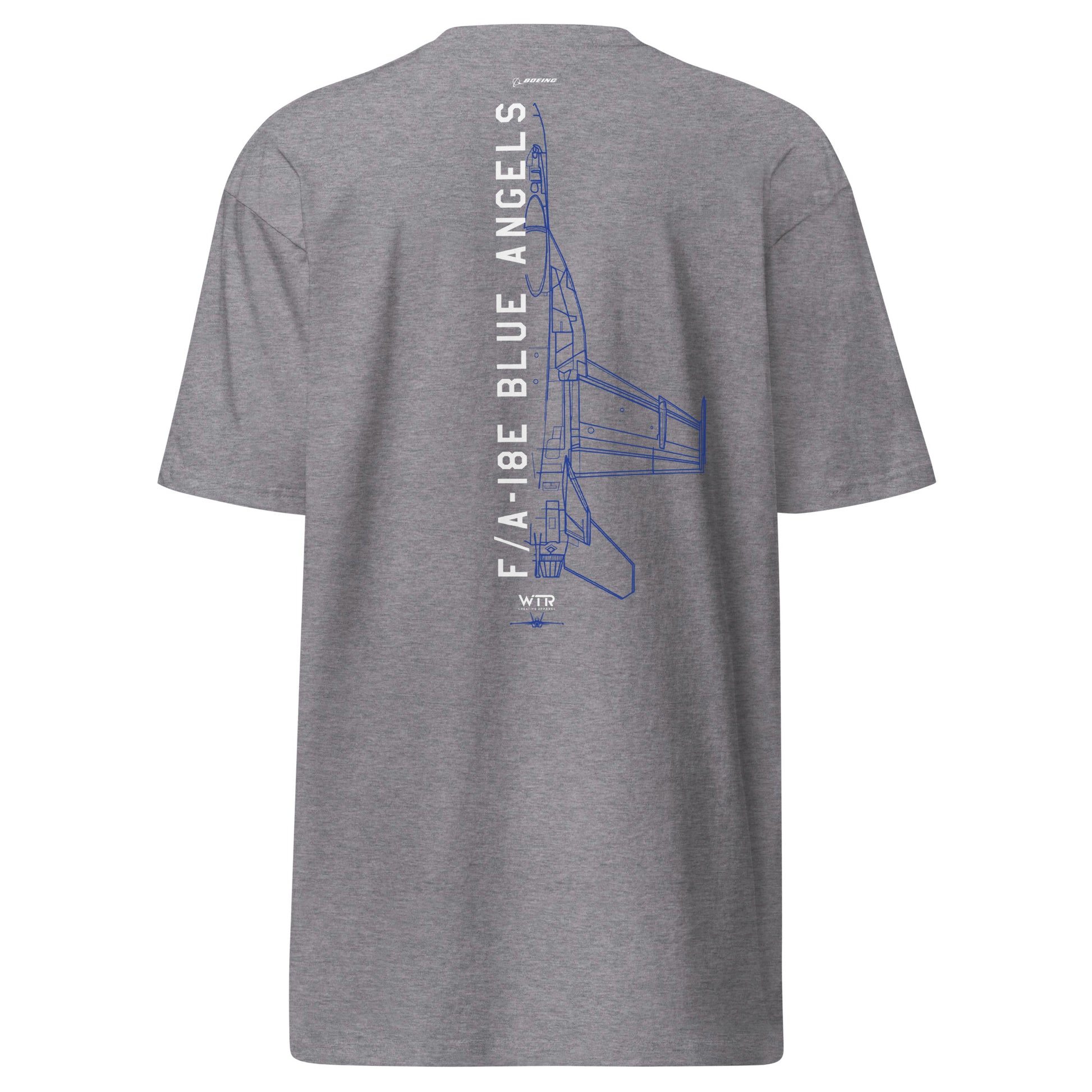 Hand-drawn schematic of the Boeing F/A-18E Super Hornet in Blue Angels flight demonstration livery on a premium t-shirt.