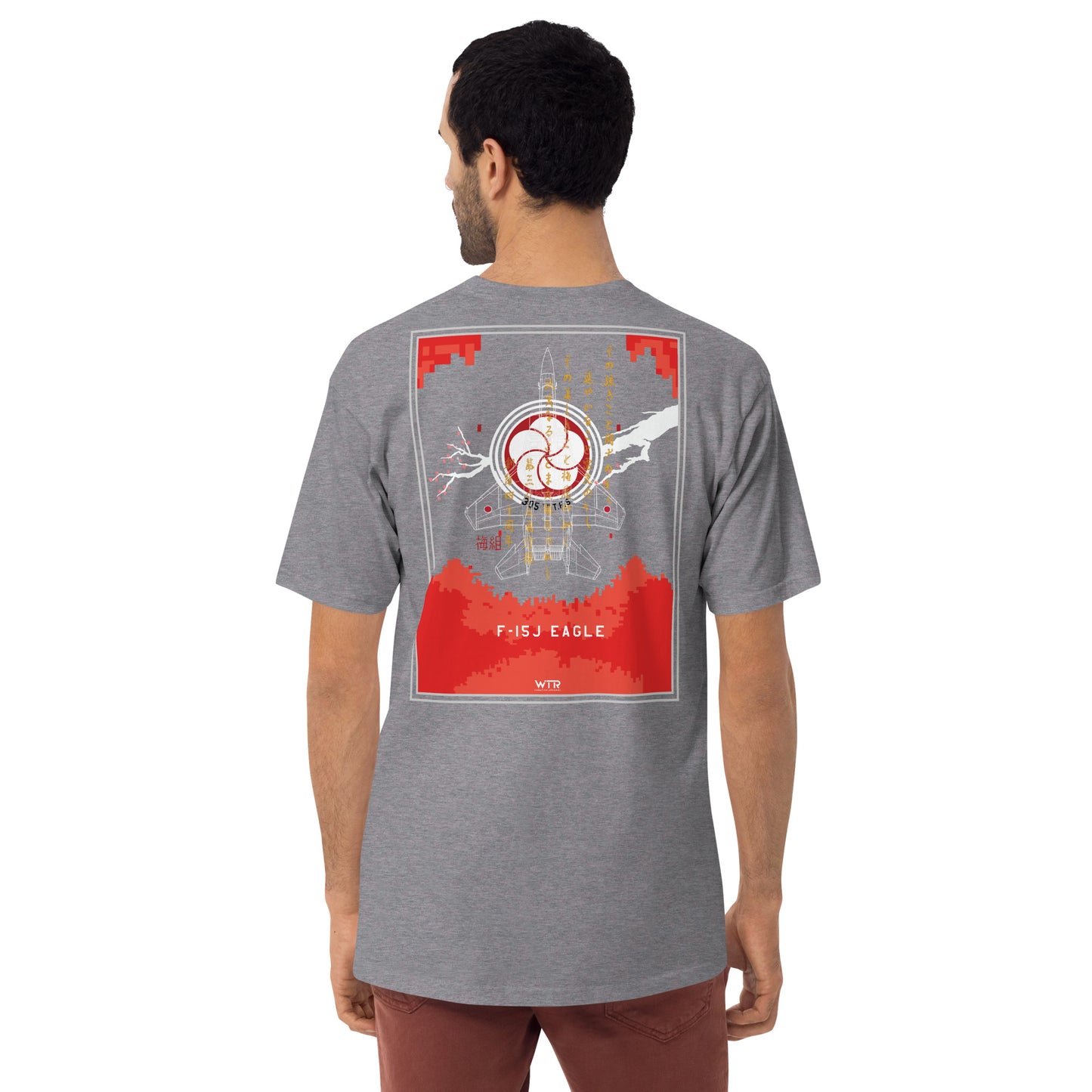 Hand-drawn schematic of the MITSUBISHI F-15J 305TH TACTICAL FIGHTER SQUADRON 40 YEARS printed on a heavyweight T-shirt.