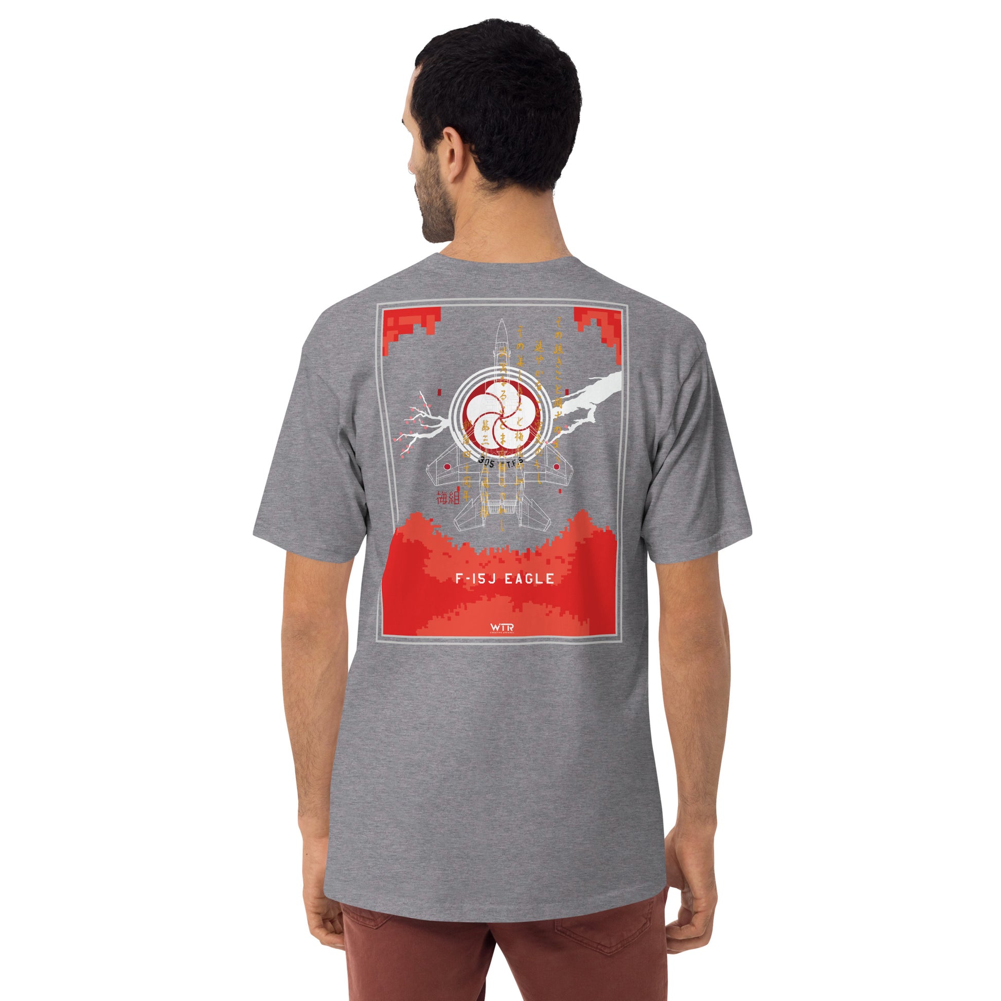 Hand-drawn schematic of the MITSUBISHI F-15J 305TH TACTICAL FIGHTER SQUADRON 40 YEARS printed on a heavyweight T-shirt.