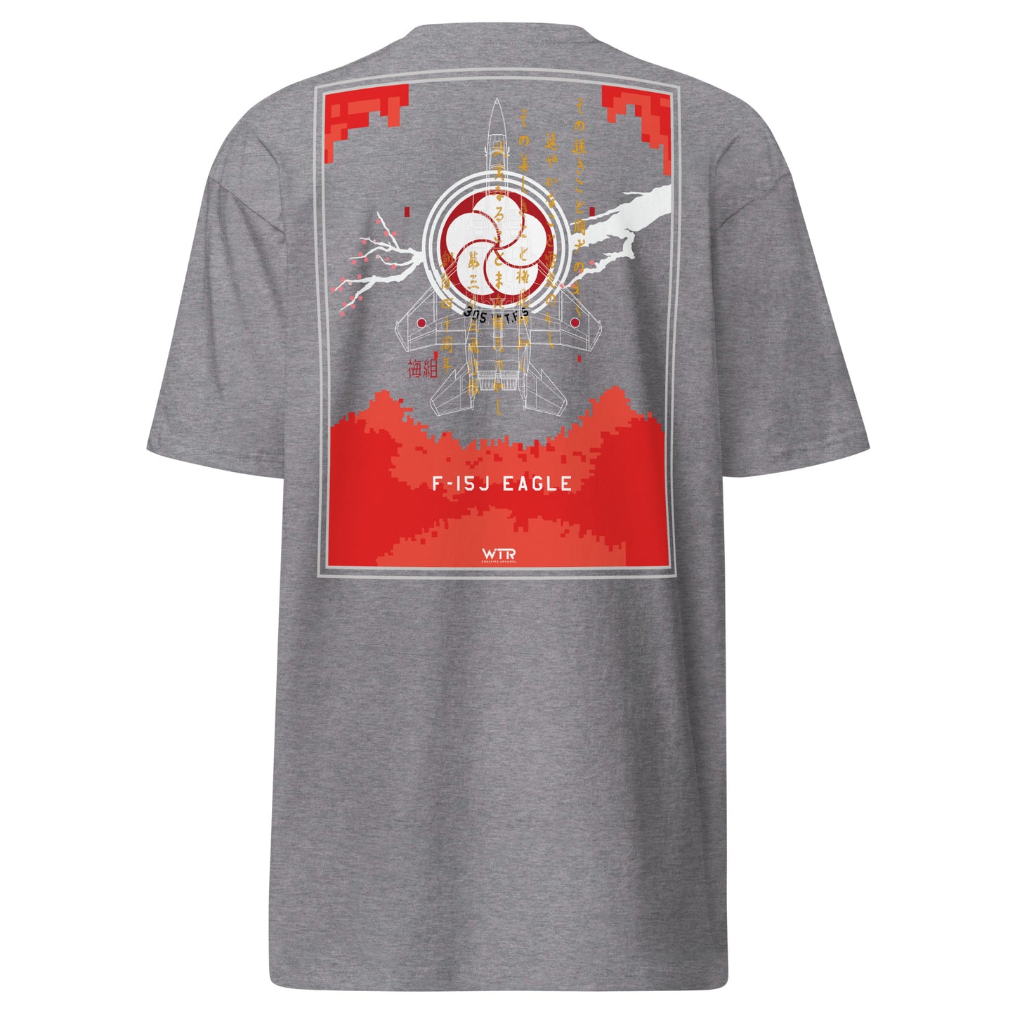 Hand-drawn schematic of the MITSUBISHI F-15J 305TH TACTICAL FIGHTER SQUADRON 40 YEARS printed on a heavyweight T-shirt.