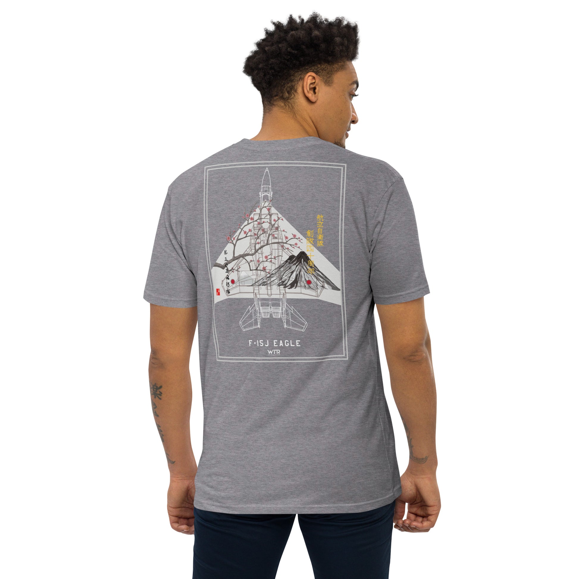 Hand-drawn schematic of the MITSUBISHI F-15J 305TH TACTICAL FIGHTER SQUADRON 50 YEARS printed on a heavyweight T-shirt.