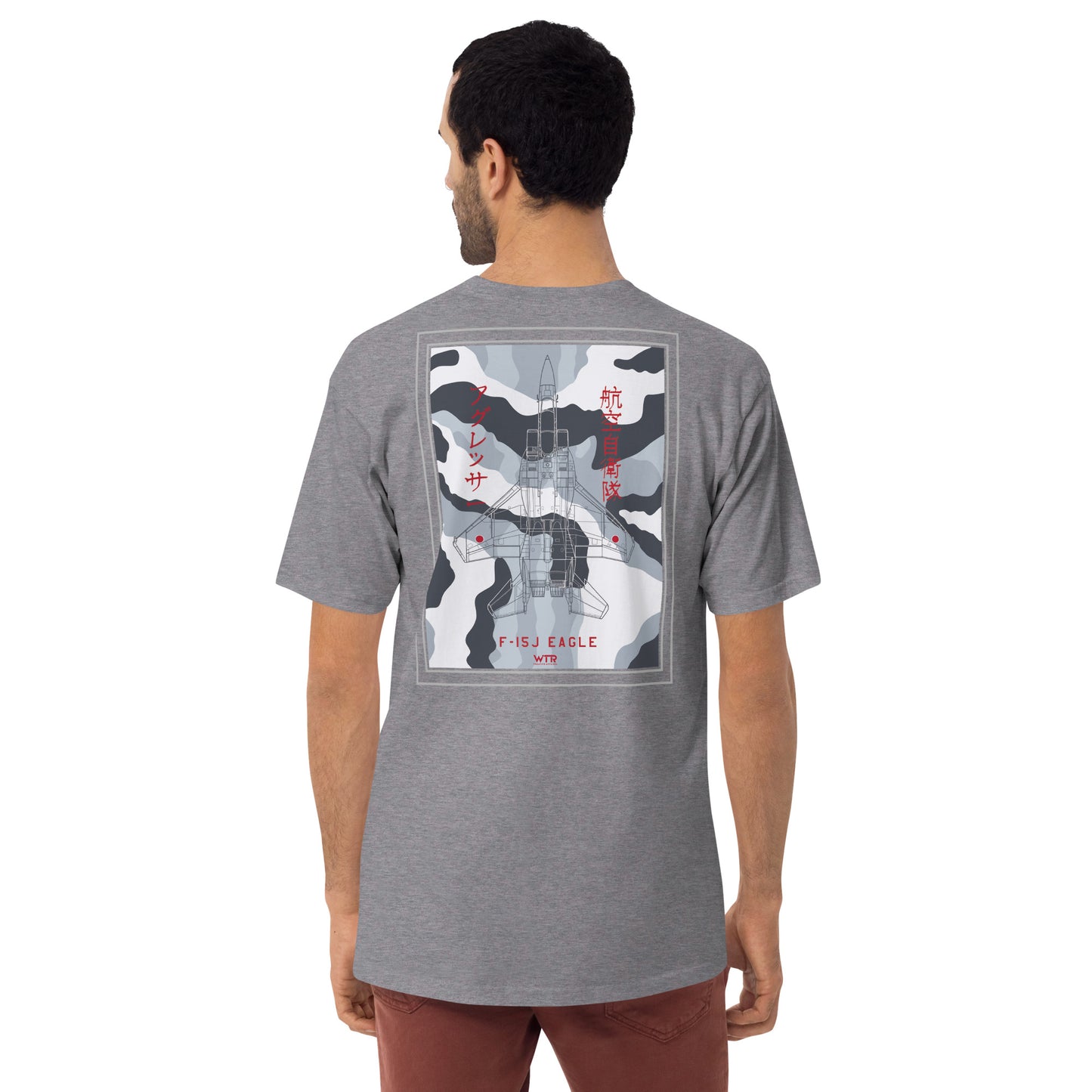 Hand-drawn schematic of the MITSUBISHI F-15J EAGLE Aggressor Livery printed on a heavyweight T-shirt.