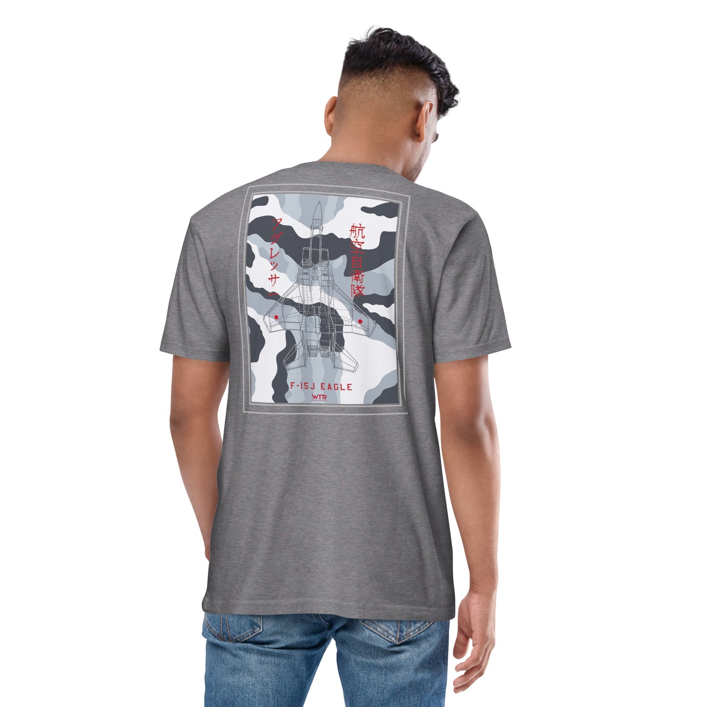 Hand-drawn schematic of the MITSUBISHI F-15J EAGLE Aggressor Livery printed on a heavyweight T-shirt.