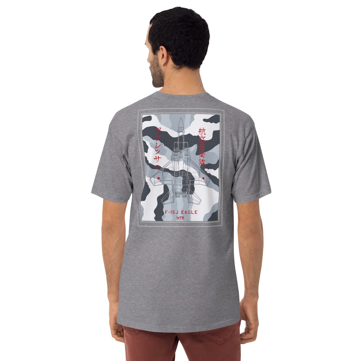 Hand-drawn schematic of the MITSUBISHI F-15J EAGLE Aggressor Livery printed on a heavyweight T-shirt.