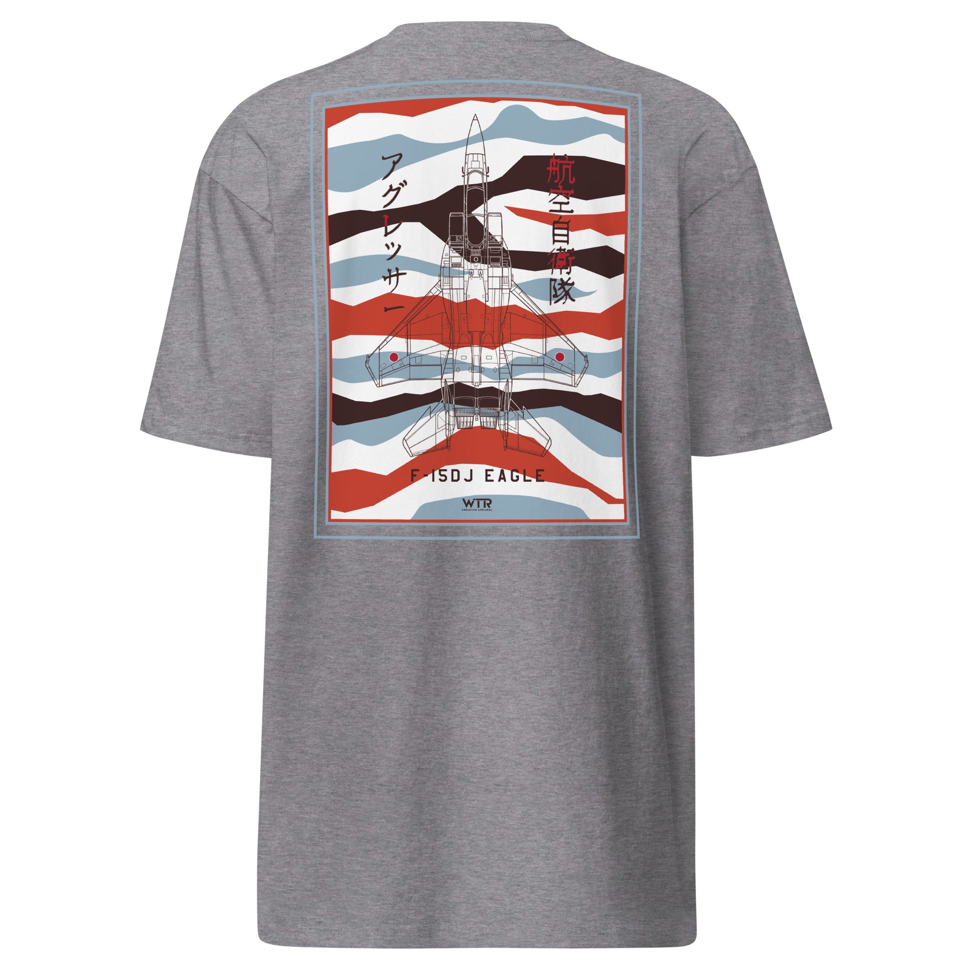 Hand-drawn schematic of the Mitsubishi F-15DJ Eagle Aggressor Minokasago Lionfish livery printed on a premium-weight t-shirt.