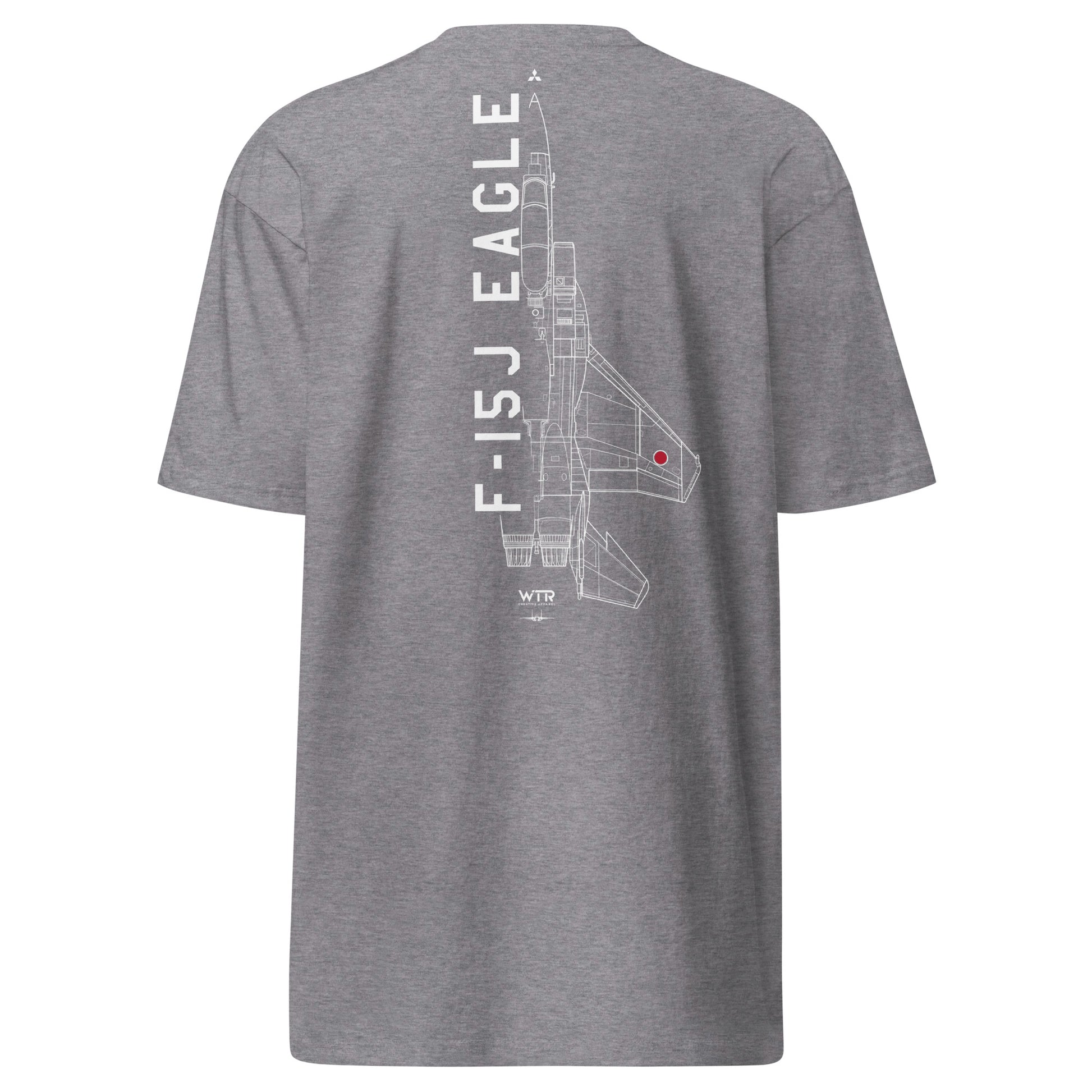 Hand-drawn technical schematic edition of the Mitsubishi F-15J Eagle JSDAF fighter jet printed on a premium-weight t-shirt.