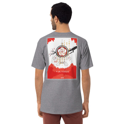 Hand-drawn schematic of the Mitsubishi F-15J Eagle 305th Tactical Fighter Squadron 40 Years livery on a premium heavyweight t-shirt.