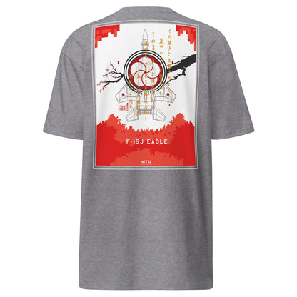 Hand-drawn schematic of the Mitsubishi F-15J Eagle 305th Tactical Fighter Squadron 40 Years livery on a premium heavyweight t-shirt.