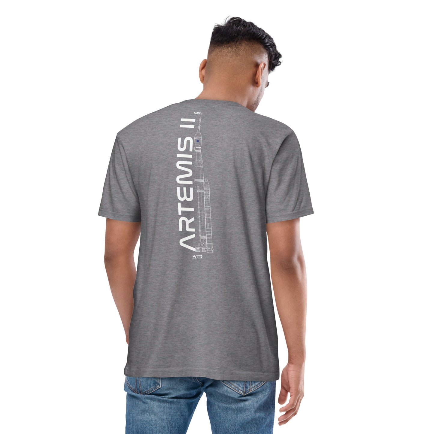 Hand-drawn crewed lunar mission schematic of the NASA Artemis II printed on a premium t-shirt.