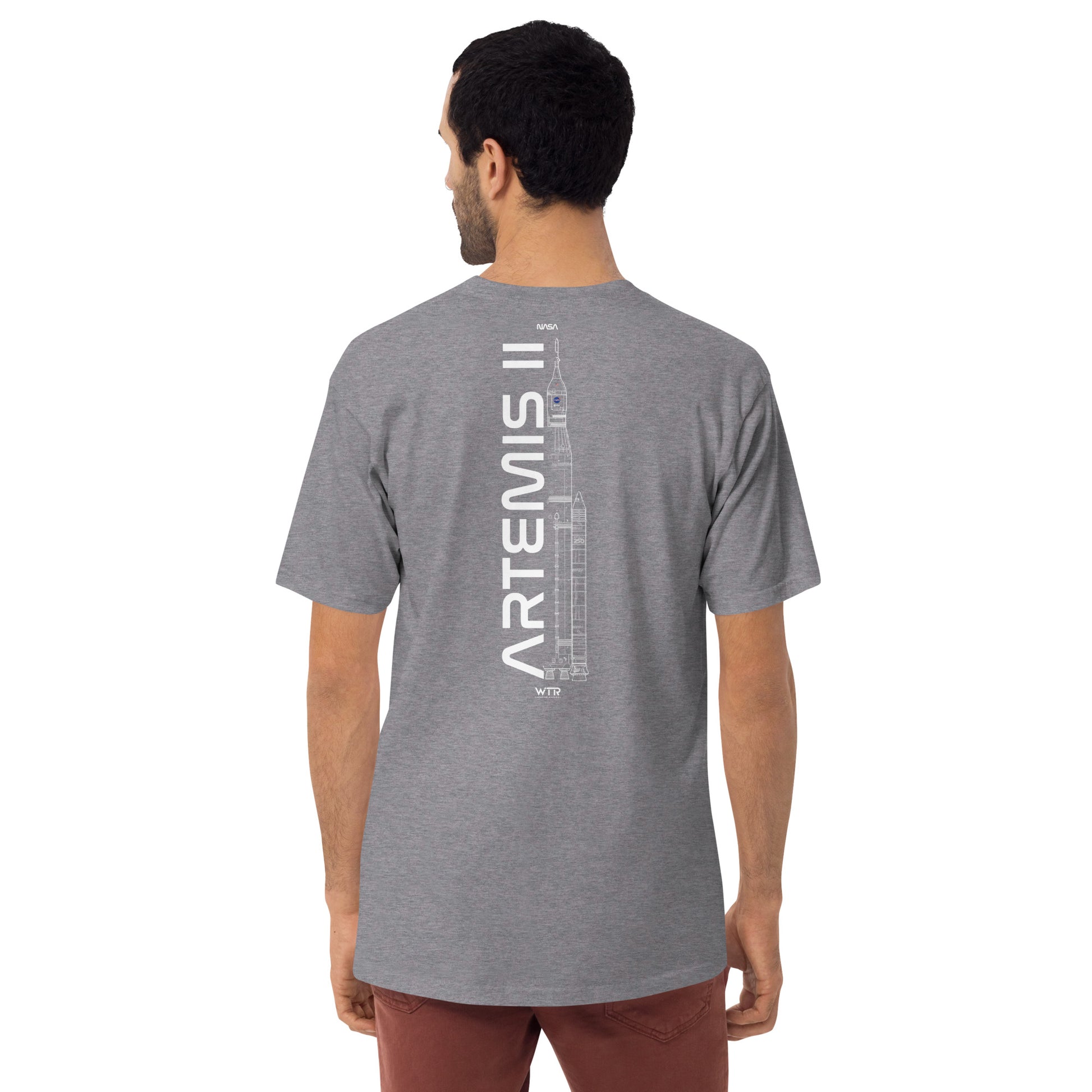 Hand-drawn crewed lunar mission schematic of the NASA Artemis II printed on a premium t-shirt.