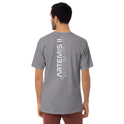 Hand-drawn crewed lunar mission schematic of the NASA Artemis II printed on a premium t-shirt.