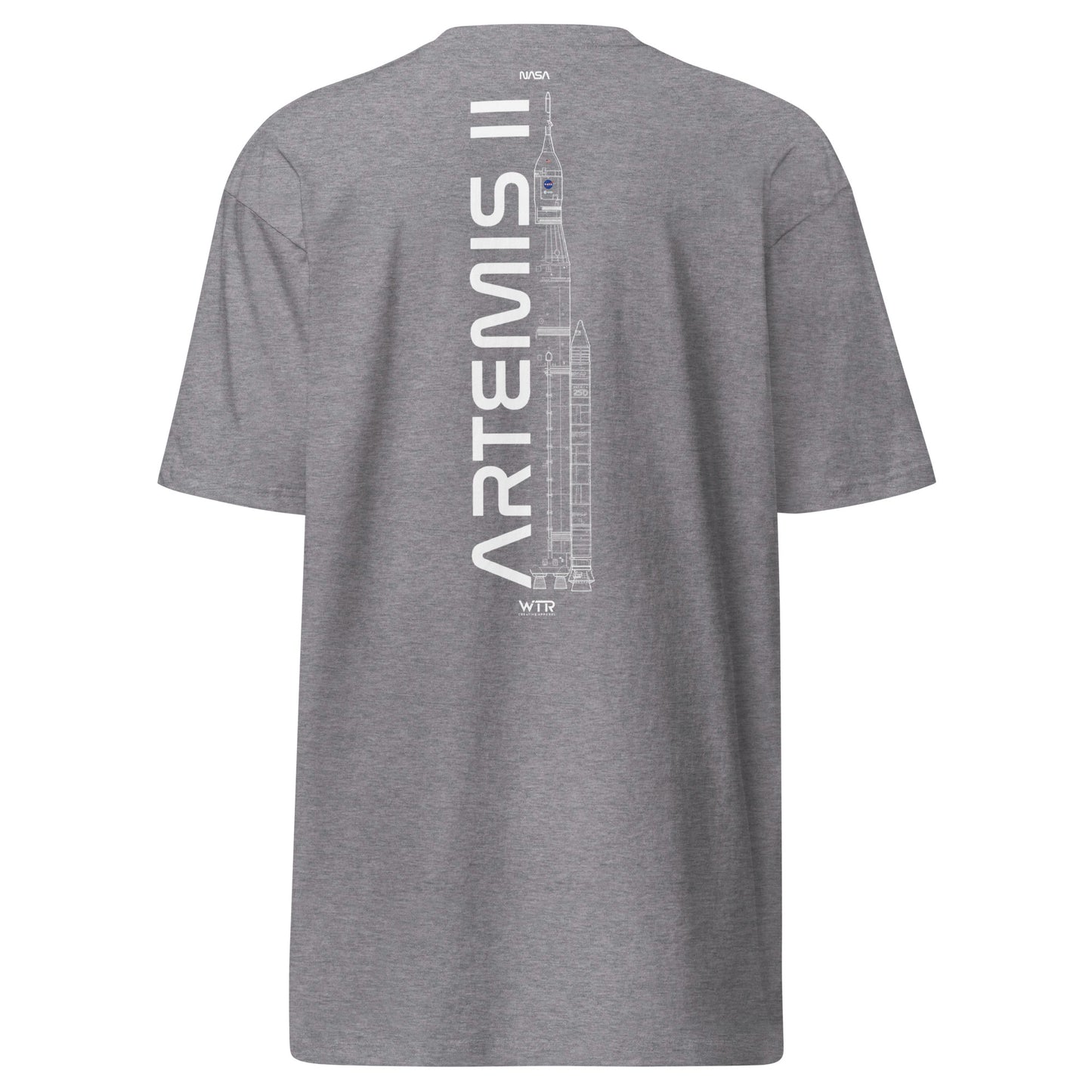 Hand-drawn crewed lunar mission schematic of the NASA Artemis II printed on a premium t-shirt.