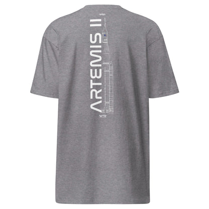 Hand-drawn crewed lunar mission schematic of the NASA Artemis II printed on a premium t-shirt.