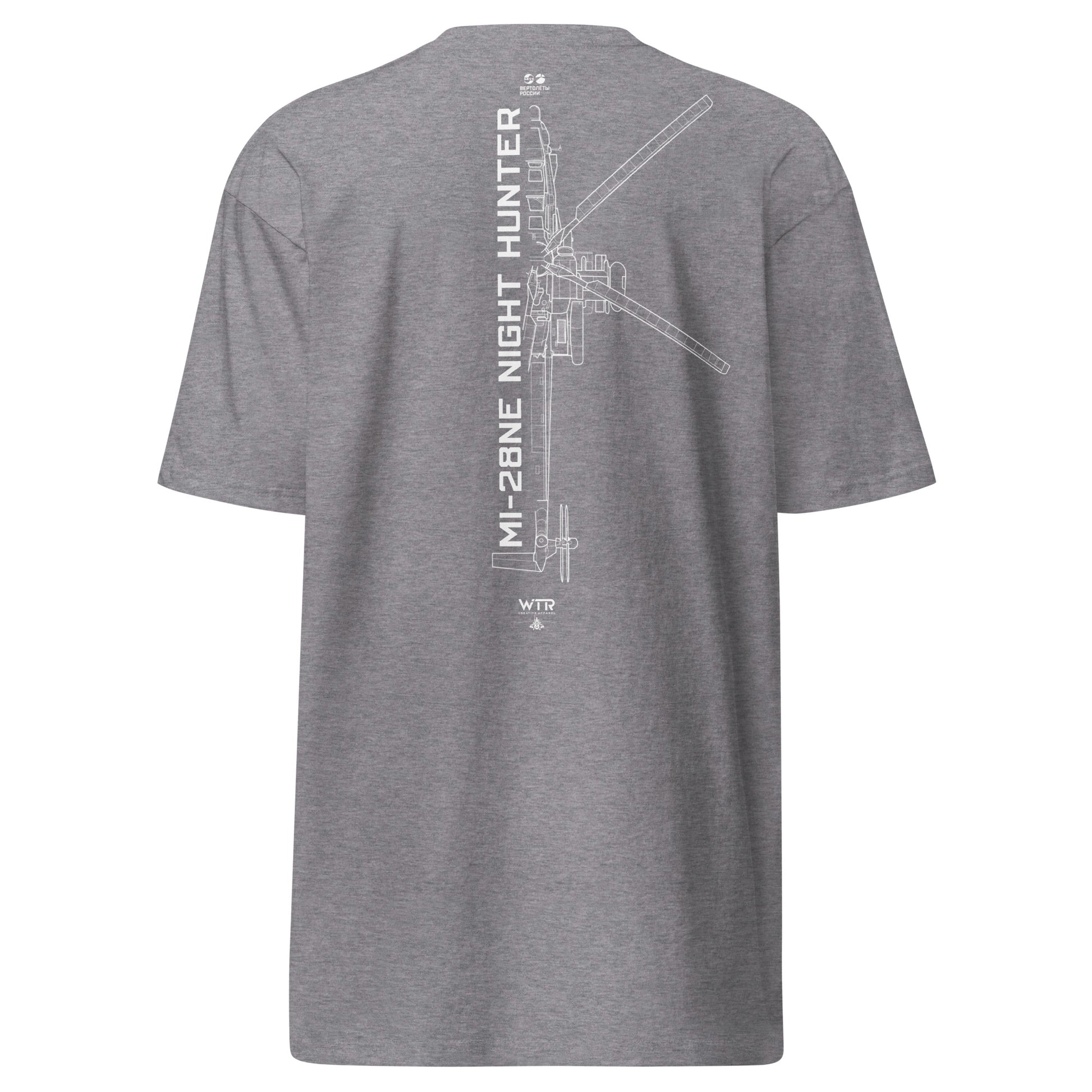 Hand-drawn technical schematic of the Mil Mi-28NE Night Hunter attack helicopter printed on a premium t-shirt.