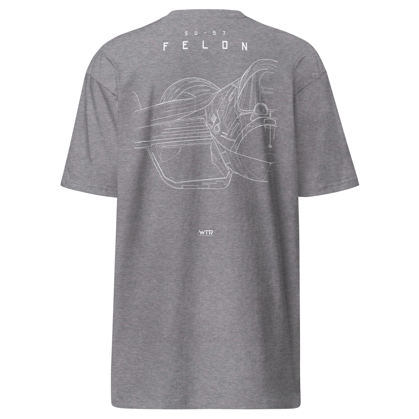 Hand-drawn front nose canopy study of the Sukhoi Su-57 Felon printed on a premium t-shirt.