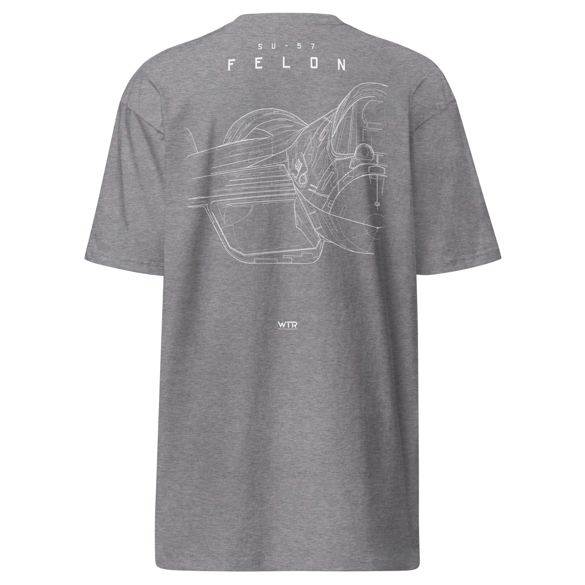 Hand-drawn front nose canopy study of the Sukhoi Su-57 Felon printed on a premium t-shirt.