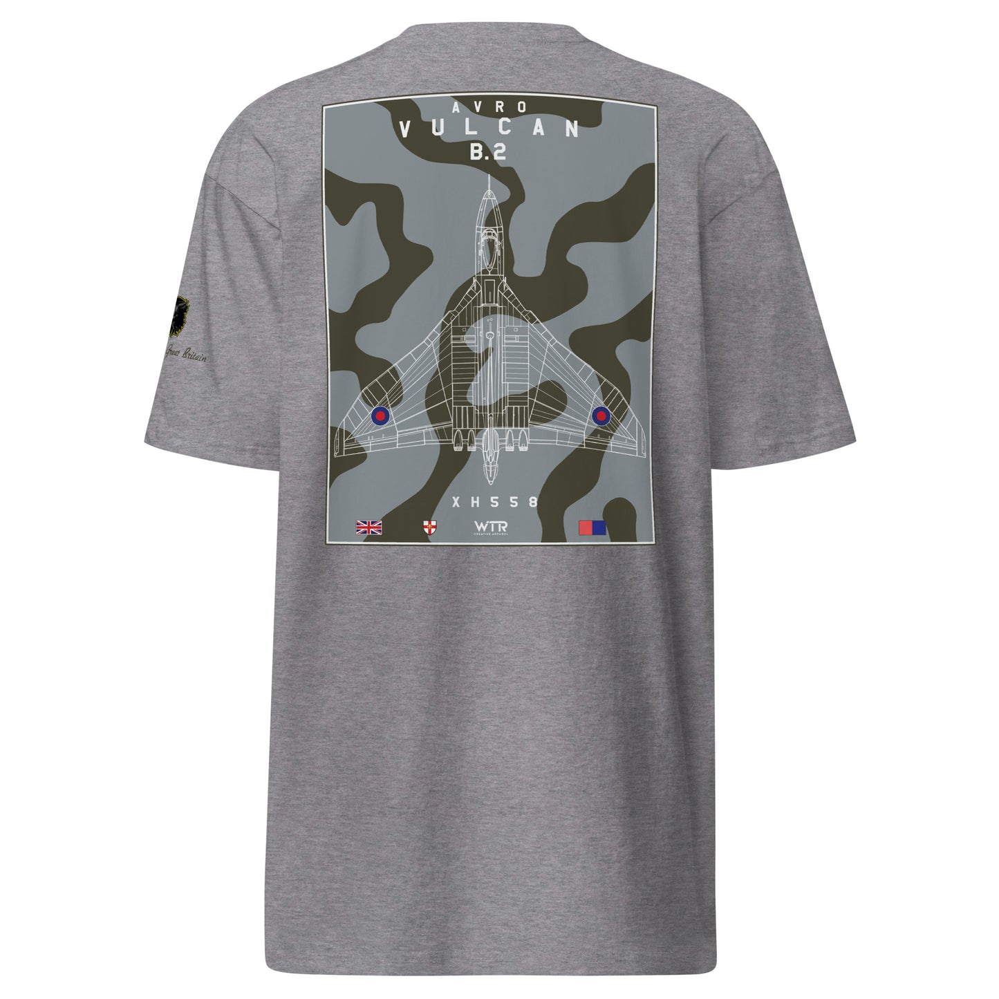 Hand-drawn technical camouflage study of the Avro Vulcan B.2 XH558 strategic bomber printed on a premium t-shirt.
