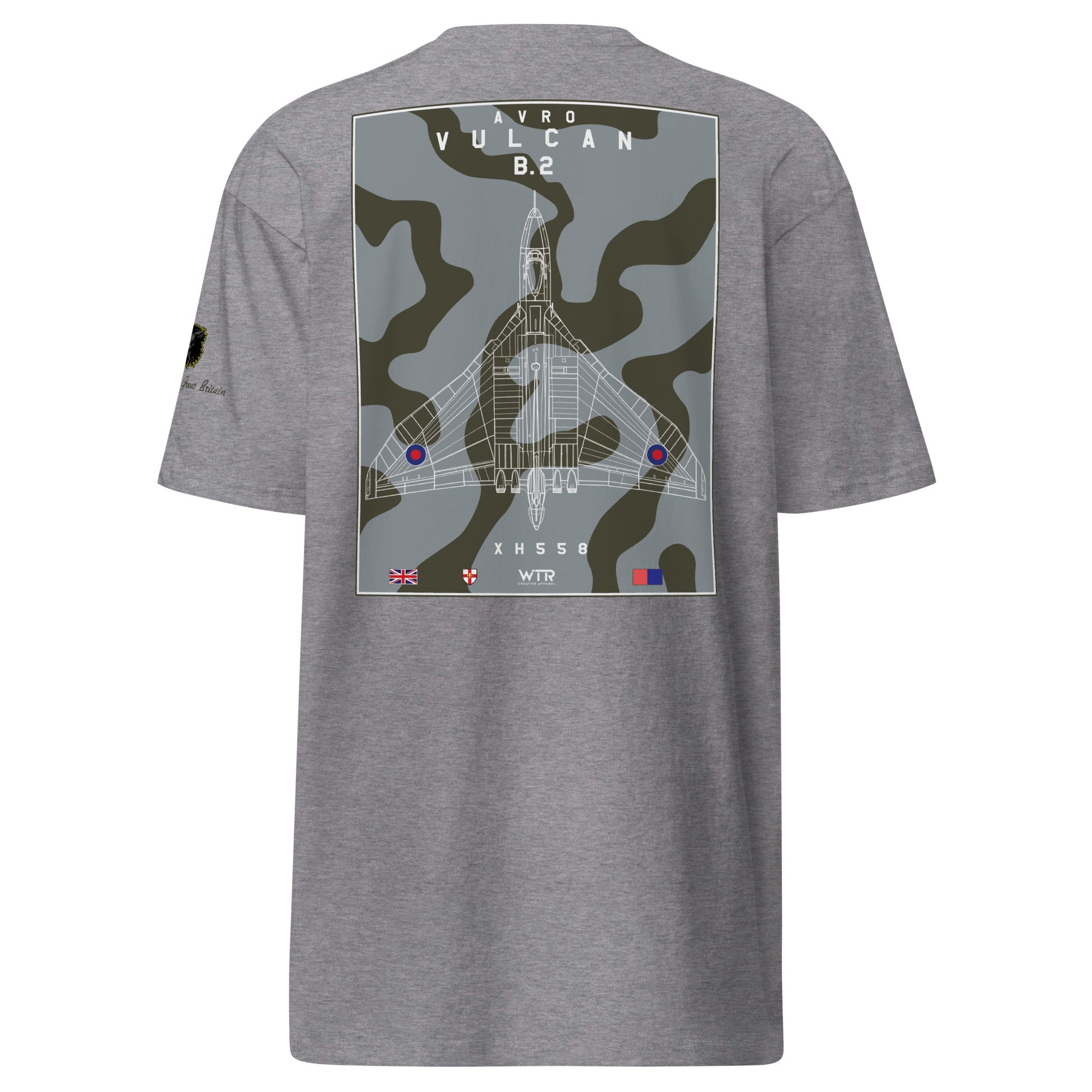 Hand-drawn technical camouflage study of the Avro Vulcan B.2 XH558 strategic bomber printed on a premium t-shirt.