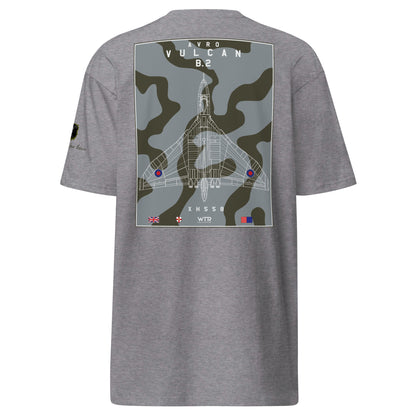 Hand-drawn technical camouflage study of the Avro Vulcan B.2 XH558 strategic bomber printed on a premium t-shirt.
