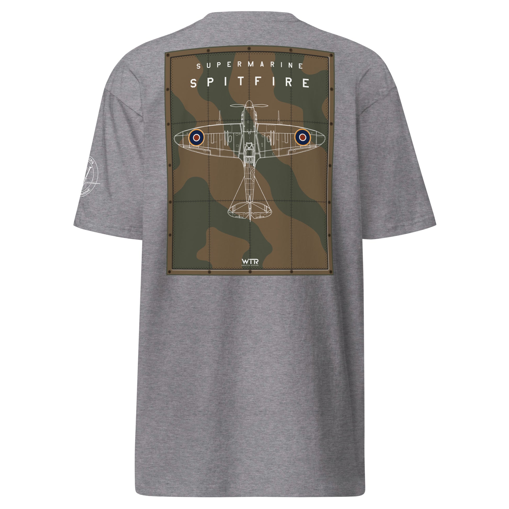 Hand-drawn technical camouflage study of the Supermarine Spitfire MK I WWII fighter on a premium t-shirt.