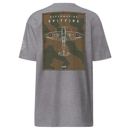 Hand-drawn technical camouflage study of the Supermarine Spitfire MK I WWII fighter on a premium t-shirt.