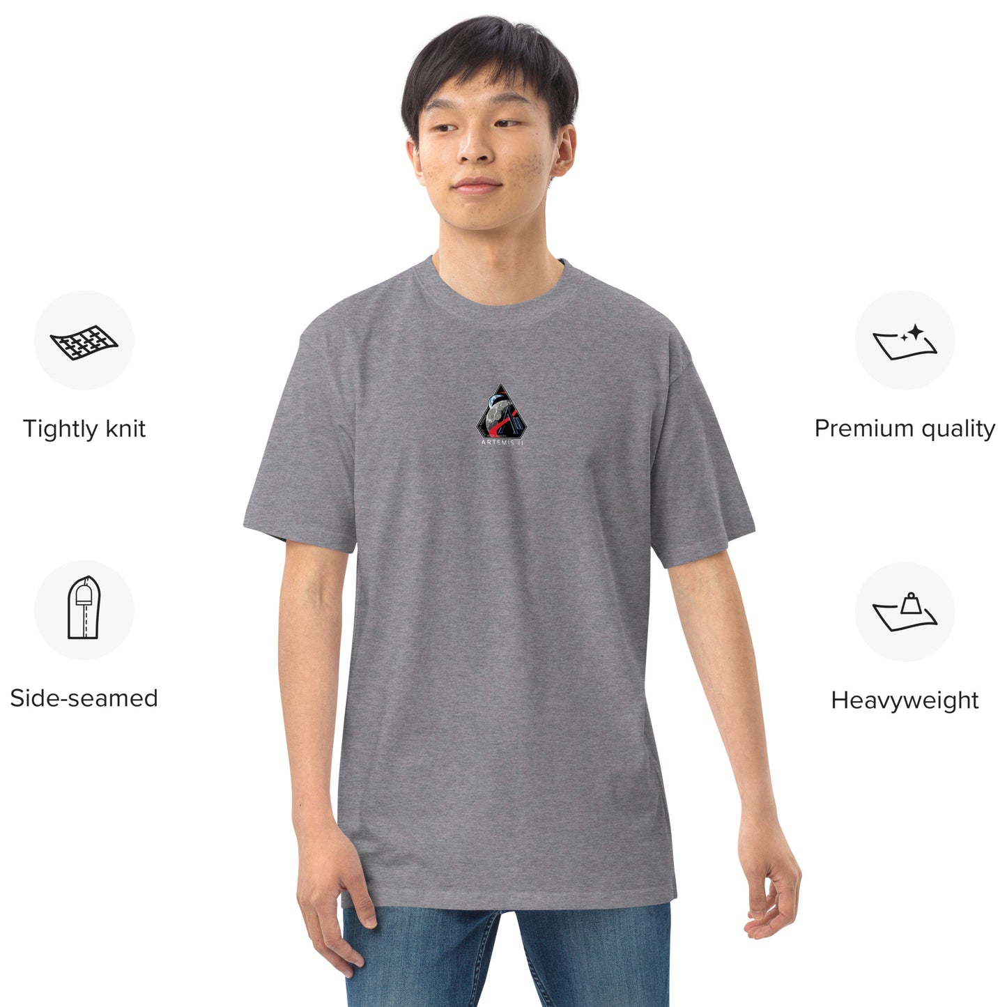 Hand-drawn crewed lunar mission schematic of the NASA Artemis II printed on a premium t-shirt.