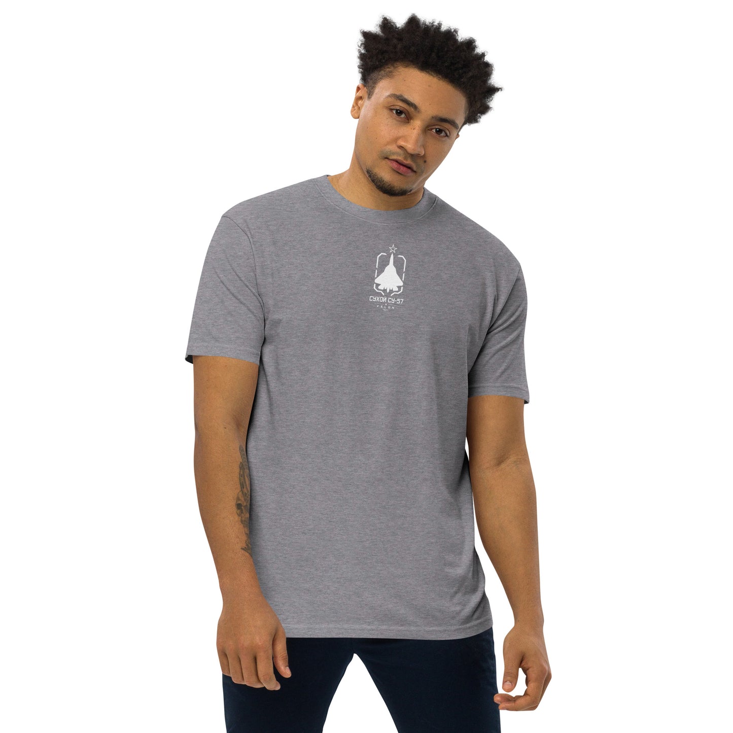 Hand-drawn front nose canopy study of the Sukhoi Su-57 Felon printed on a premium t-shirt.