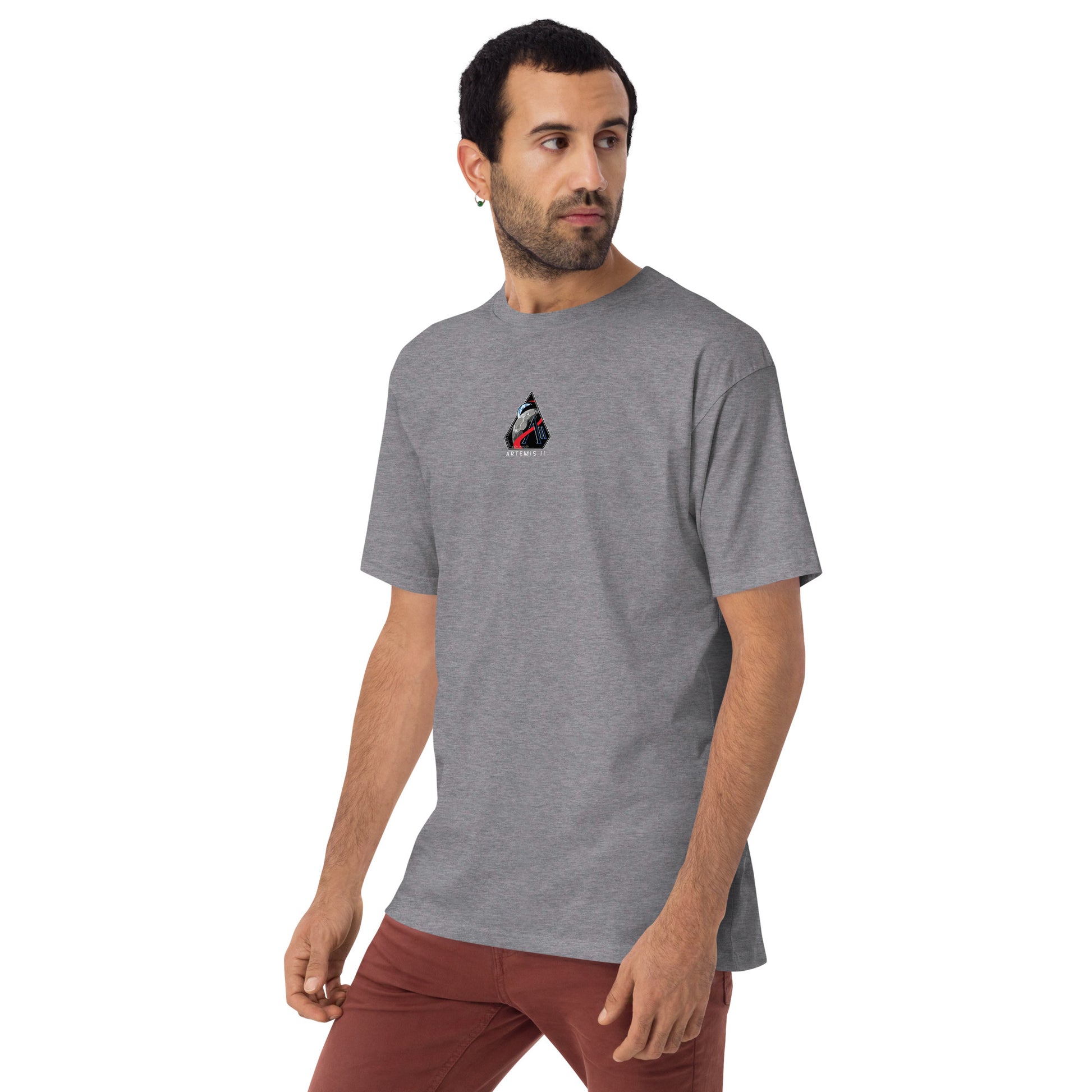 Hand-drawn crewed lunar mission schematic of the NASA Artemis II printed on a premium t-shirt.