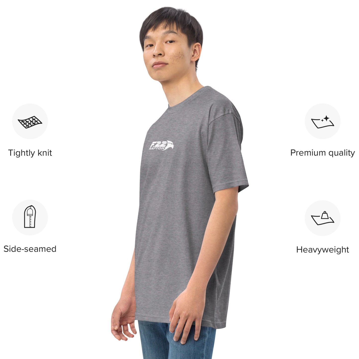 Hand-drawn technical study of the Lockheed Martin F-22 Raptor front canopy and nose section on a premium t-shirt.