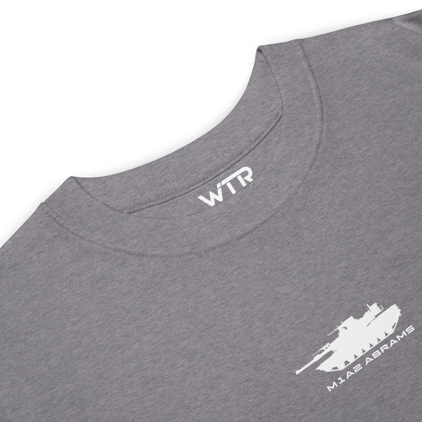 GENERAL DYNAMICS M1A2 ABRAMS TANK — hand-drawn main battle tank artwork printed on heavyweight T-shirt.